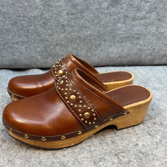 Michael Kors Studded‎ Leather Clogs Mules Brown Wooden Heel Women's Shoes Size 7 - Picture 3 of 9